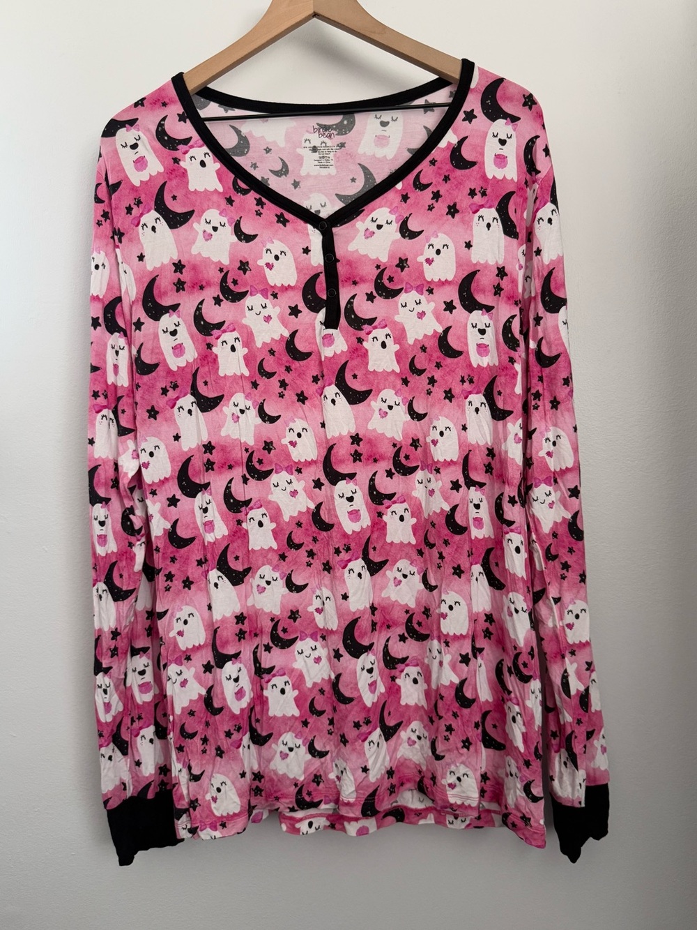 Birdie Bean‎ Large Ghost Print PJ Long Sleeve Henley Pink Black Bamboo Halloween